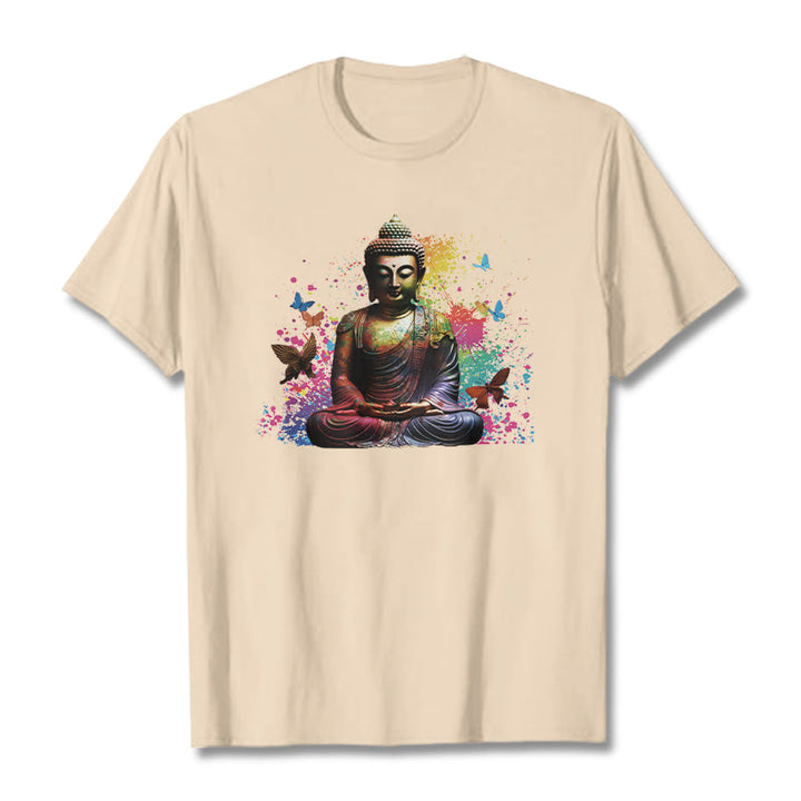 Buddha Stones、カラフルな蝶が飛んでいる瞑想仏陀Tシ​​ャツ - ビスク - 2XL - image 7
