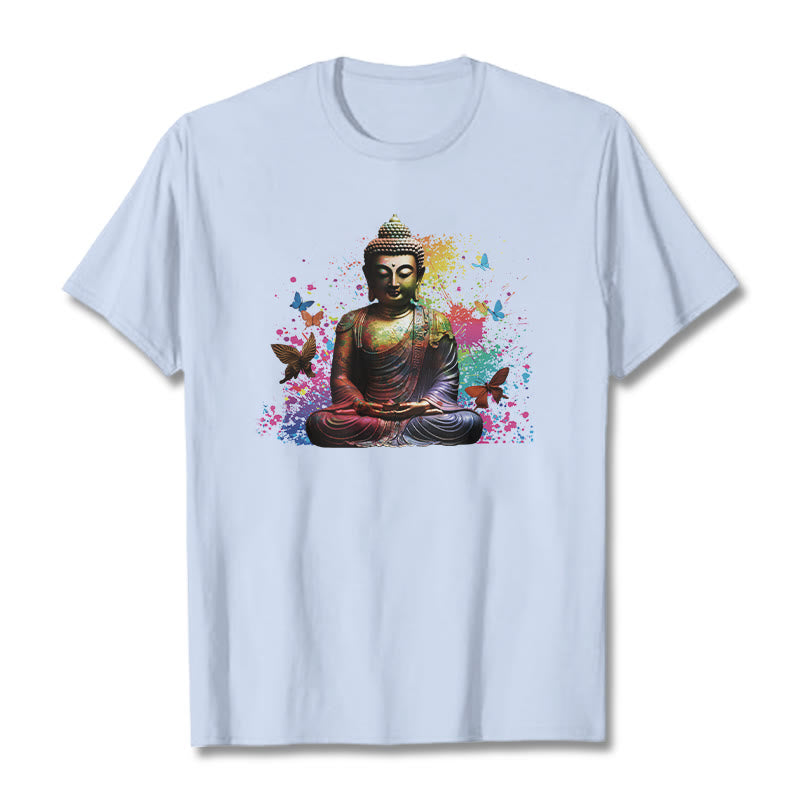 Buddha Stones、カラフルな蝶が飛んでいる瞑想仏陀Tシ​​ャツ - ライトシアン - 2XL - image 17