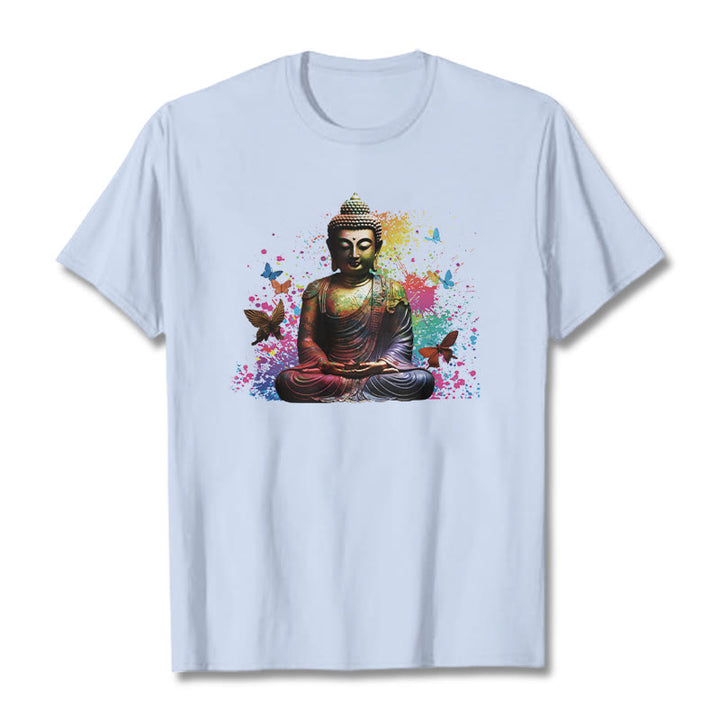 Buddha Stones、カラフルな蝶が飛んでいる瞑想仏陀Tシ​​ャツ - ライトシアン - 2XL - image 17