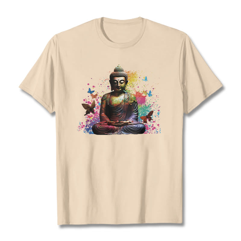 Buddha Stones、カラフルな蝶が飛んでいる瞑想仏陀Tシ​​ャツ - ビスク - 2XL - image 8