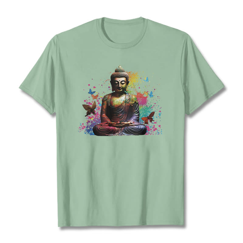 Buddha Stones、カラフルな蝶が飛んでいる瞑想仏陀Tシ​​ャツ - 淡い緑色 - 2XL - image 13