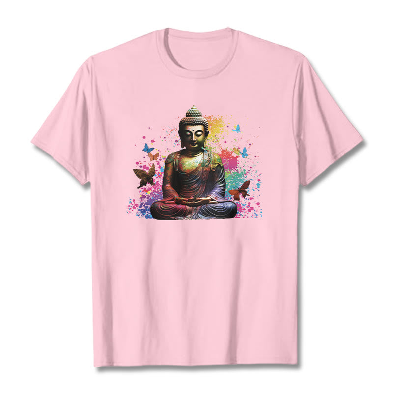 Buddha Stones、カラフルな蝶が飛んでいる瞑想仏陀Tシ​​ャツ - ライトピンク - 2XL - image 12