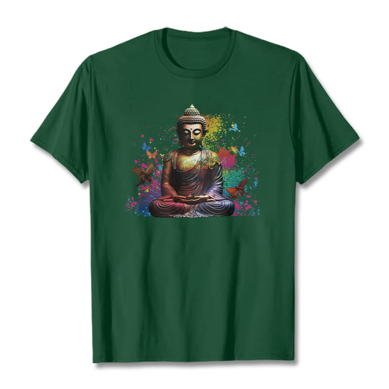 Buddha Stones、カラフルな蝶が飛んでいる瞑想仏陀Tシ​​ャツ - フォレストグリーン - 2XL - image 10