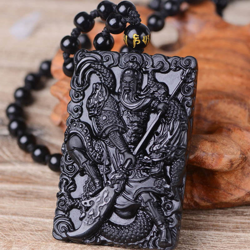 Buddha Stones黒曜石 関公 お守り 刻印入り 強さ ネックレス ペンダント