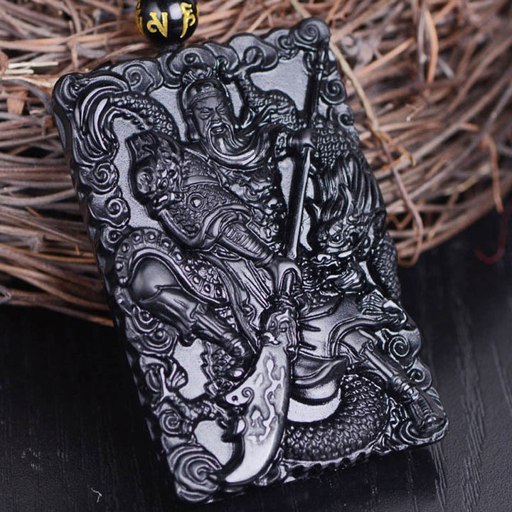 Buddha Stones黒曜石 関公 お守り 刻印入り 強さ ネックレス ペンダント
