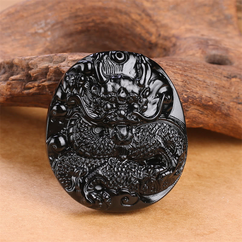 Buddha Stones天然黒曜石ラウンドドラゴン彫刻保護ネックレスペンダント - image 2