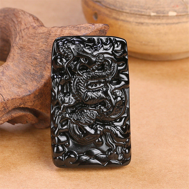 Buddha Stones天然黒曜石 長方形 龍彫り 成功のネックレスペンダント - image 3