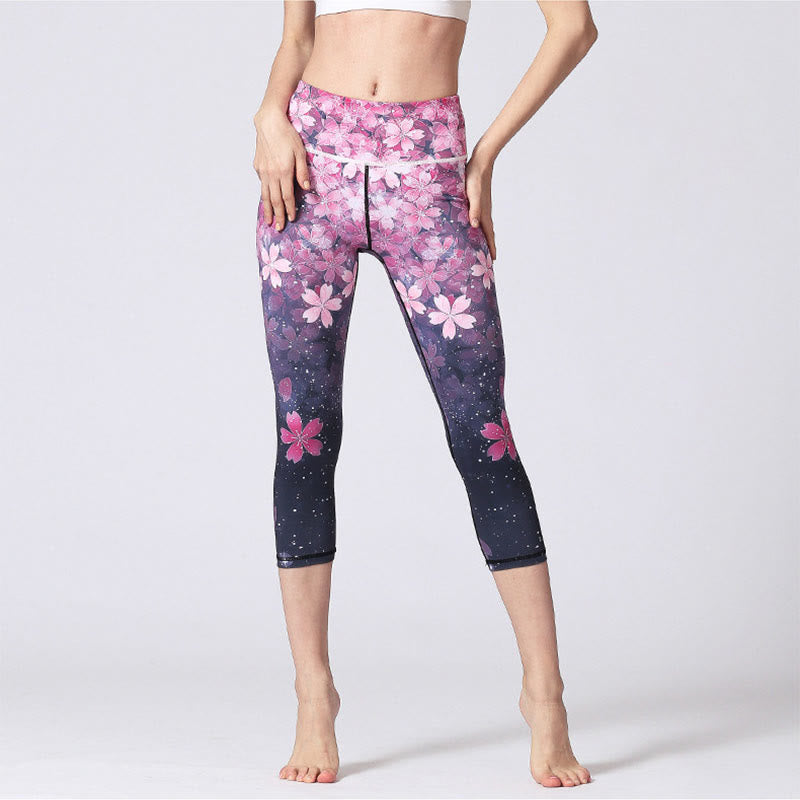 Buddha Stones、桜、サクラのラインプリント、スポーツヨガクロップドレギンス、レディースヨガカプリパンツ - image 1