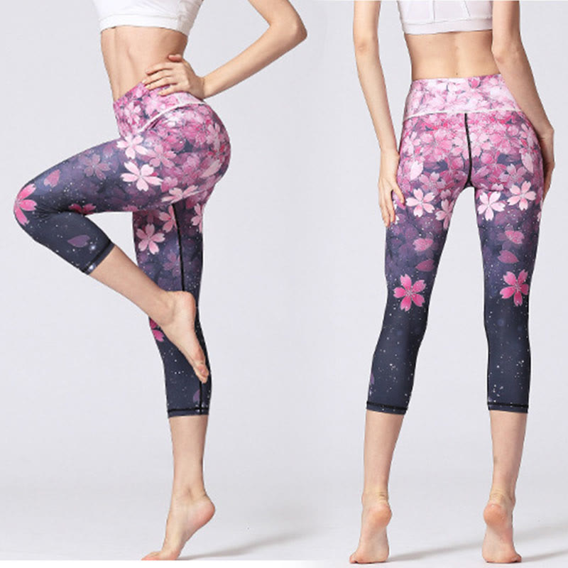 Buddha Stones、桜、サクラのラインプリント、スポーツヨガクロップドレギンス、レディースヨガカプリパンツ - image 4