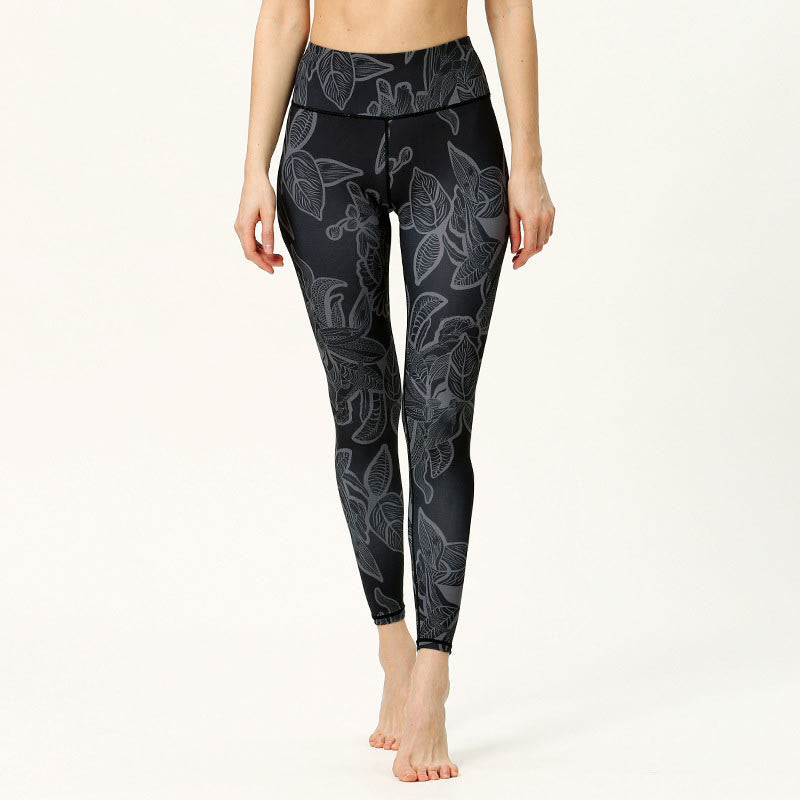 Buddha Stonesシンプルリーフプリント スポーツ フィットネス レギンス レディース ヨガパンツ - ディムグレー - US8-10、 UK/AU12-14、 EU40-42 (XL) - image 6