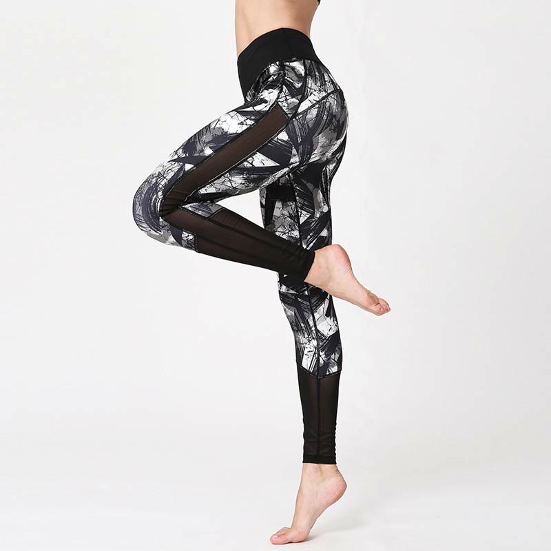 Buddha Stonesホワイト ブラック インク ブラシ ライン プリント スポーツ フィットネス メッシュ レギンス レディース ヨガパンツ - image 3