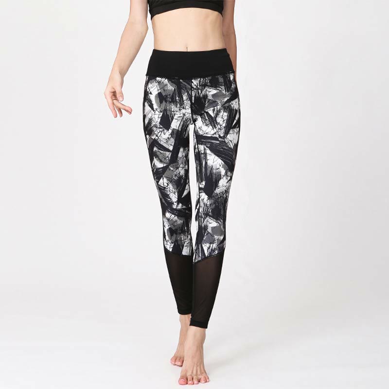 Buddha Stonesホワイト ブラック インク ブラシ ライン プリント スポーツ フィットネス メッシュ レギンス レディース ヨガパンツ - 黒と白の線 - US8-10、 UK/AU12-14、 EU40-42 (XL) - image 0