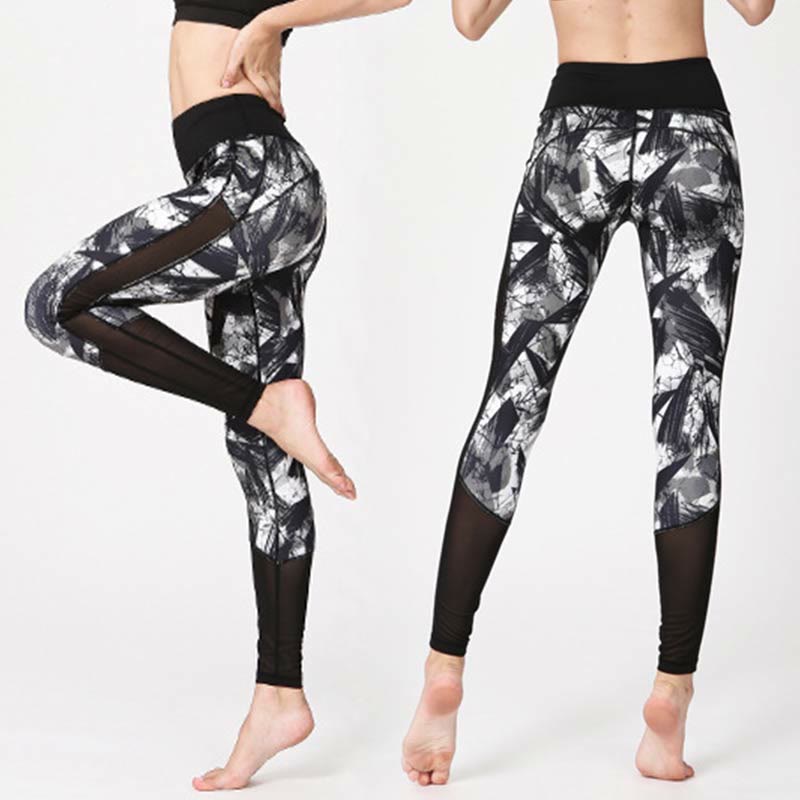 Buddha Stonesホワイト ブラック インク ブラシ ライン プリント スポーツ フィットネス メッシュ レギンス レディース ヨガパンツ - image 4