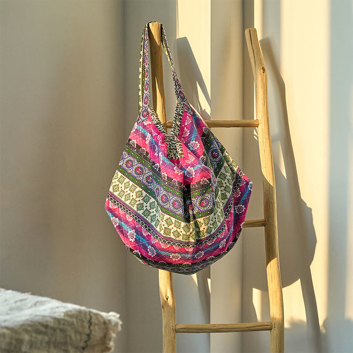 Buddha Stonesカラーストライプ柄コットンショルダーバッグ - パープル 50*20*40cm - image 11