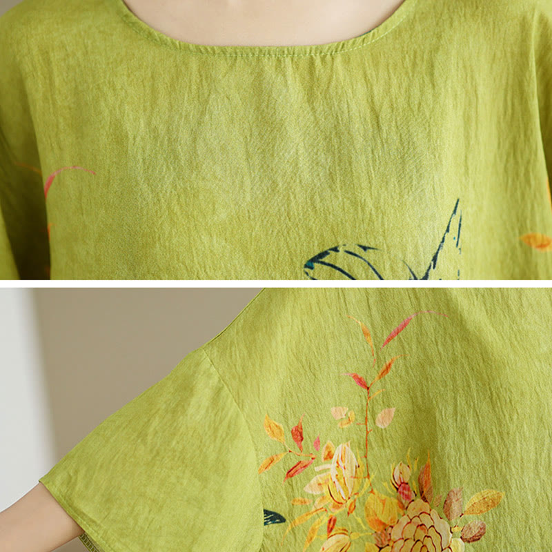 Buddha Stones黄緑花 七分袖 リネン Tシャツ - image 6