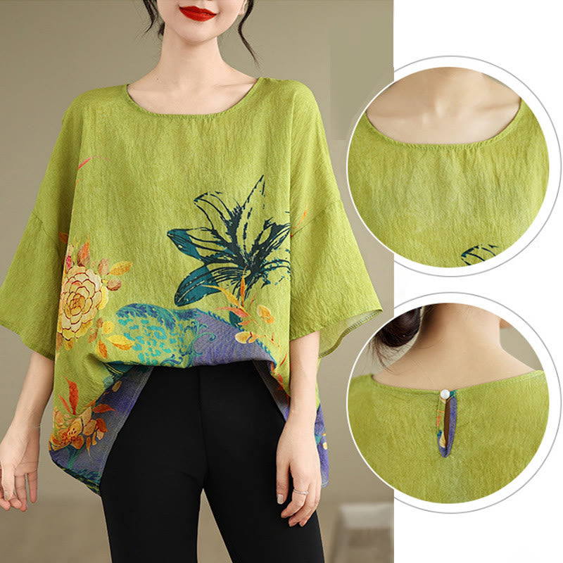 Buddha Stones黄緑花 七分袖 リネン Tシャツ - image 9