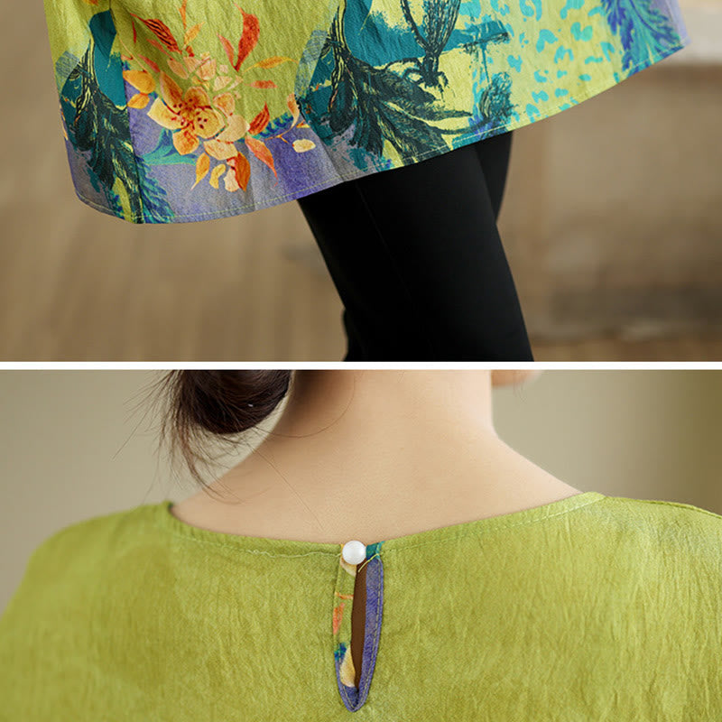 Buddha Stones黄緑花 七分袖 リネン Tシャツ - image 7