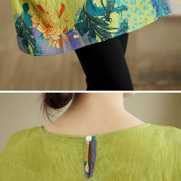 Buddha Stones黄緑花 七分袖 リネン Tシャツ - image 7