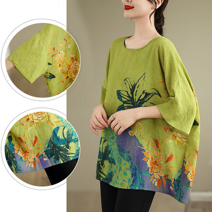 Buddha Stones黄緑花 七分袖 リネン Tシャツ - image 10