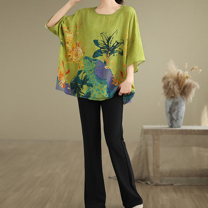 Buddha Stones黄緑花 七分袖 リネン Tシャツ - image 12