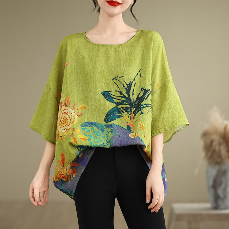 Buddha Stones黄緑花 七分袖 リネン Tシャツ - image 2