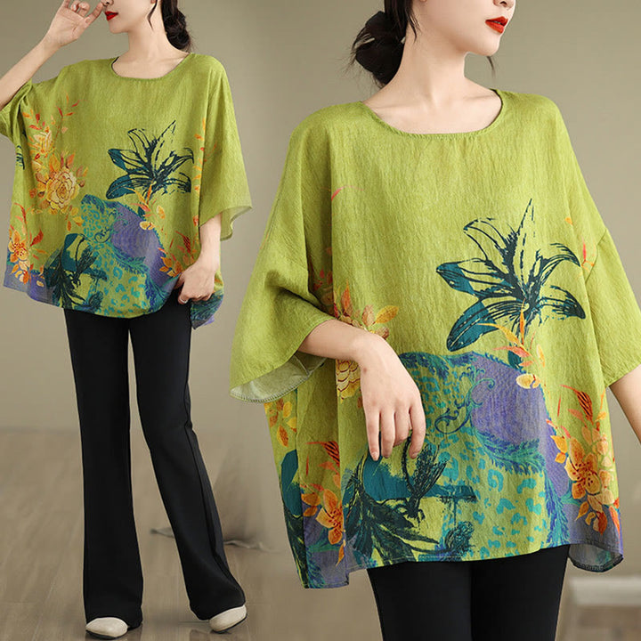 Buddha Stones黄緑花 七分袖 リネン Tシャツ - image 11