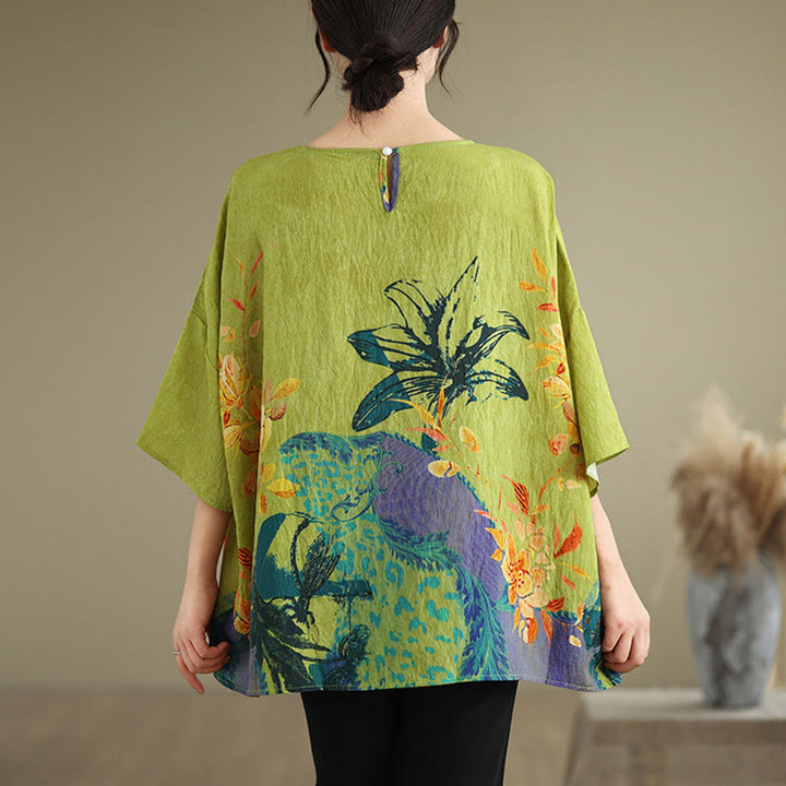 Buddha Stones黄緑花 七分袖 リネン Tシャツ - image 1