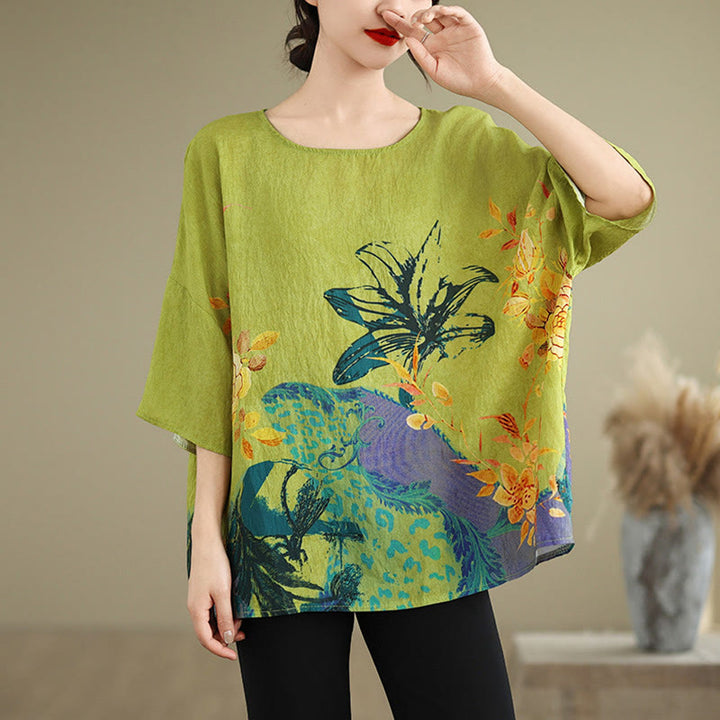 Buddha Stones黄緑花 七分袖 リネン Tシャツ - image 4