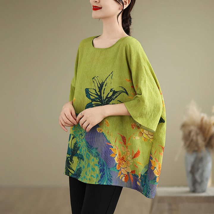 Buddha Stones黄緑花 七分袖 リネン Tシャツ - image 3