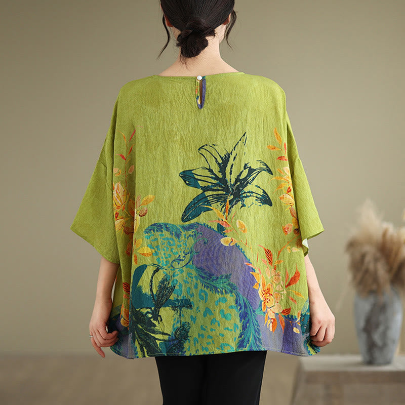 Buddha Stones黄緑花 七分袖 リネン Tシャツ - image 1