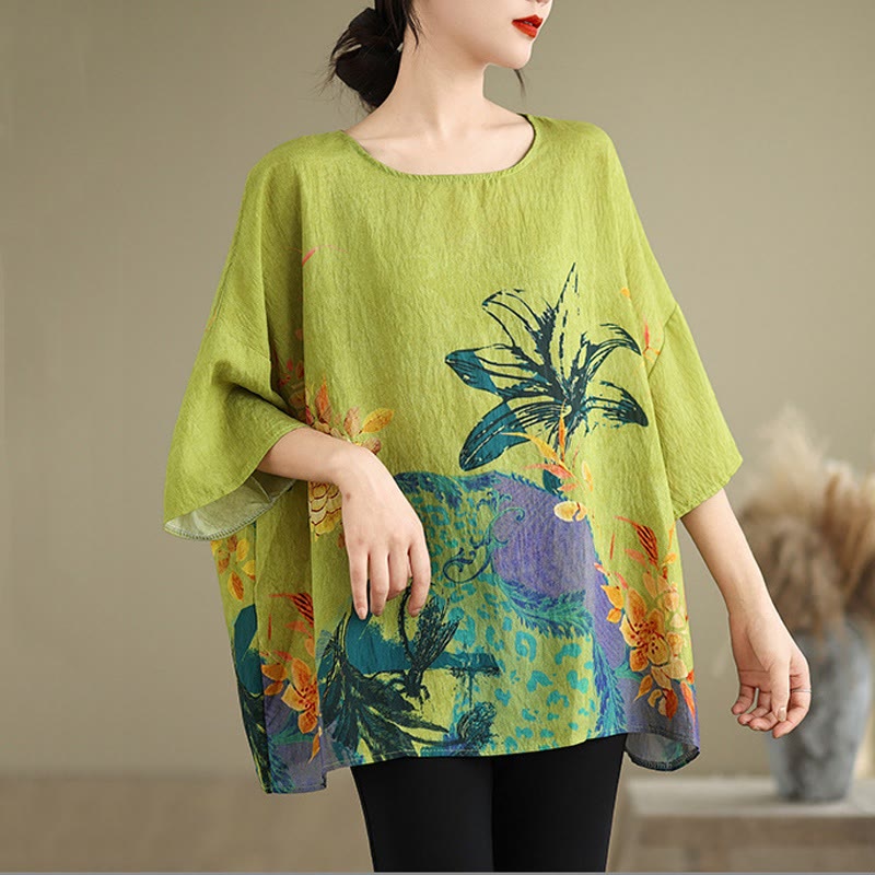 Buddha Stones黄緑花 七分袖 リネン Tシャツ - F( US4-14、 UK/AU8-18、EU36-46に適合) - image 0