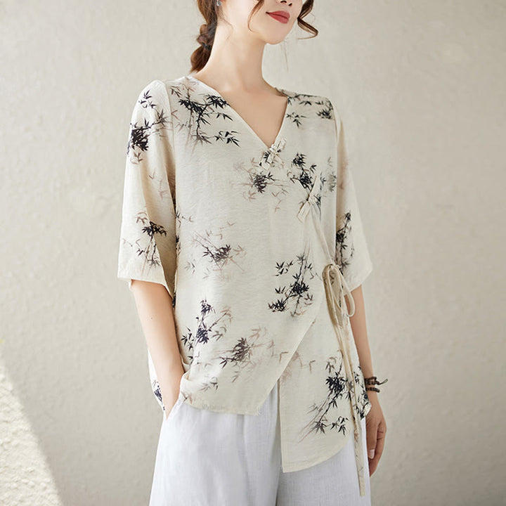 Buddha Stones竹葉プリントVネックレースアップフロッグボタンシャツTシャツ