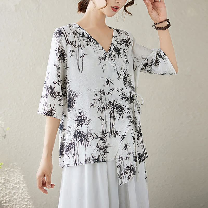 Buddha Stones竹葉プリントVネックレースアップフロッグボタンシャツTシャツ