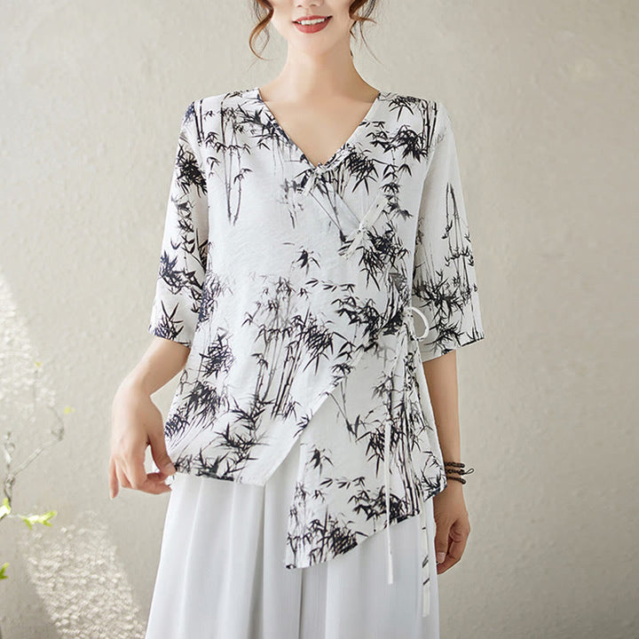 Buddha Stones竹葉プリントVネックレースアップフロッグボタンシャツTシャツ