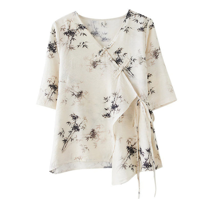 Buddha Stones竹葉プリントVネックレースアップフロッグボタンシャツTシャツ - image 10