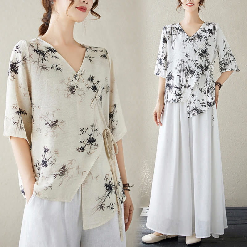 Buddha Stones竹葉プリントVネックレースアップフロッグボタンシャツTシャツ