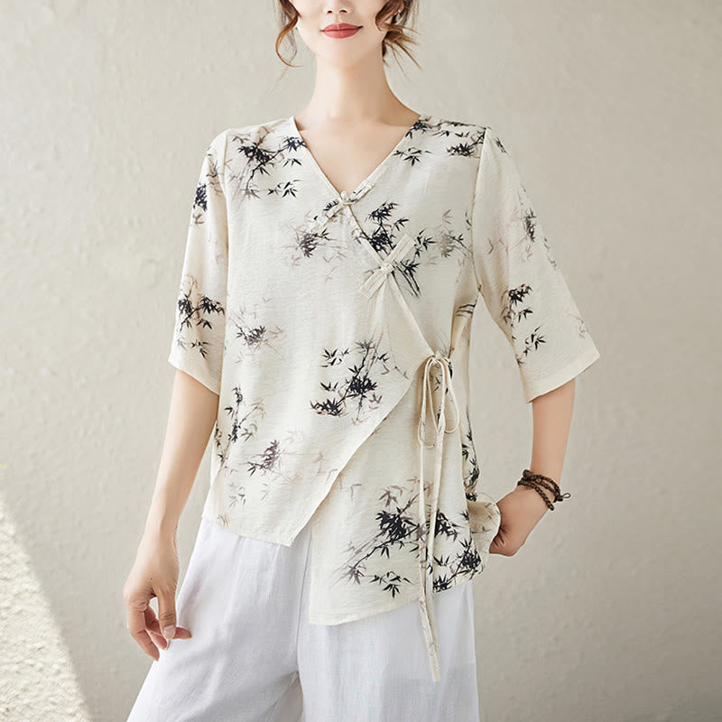 Buddha Stones竹葉プリントVネックレースアップフロッグボタンシャツTシャツ