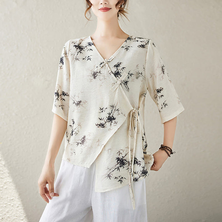 Buddha Stones竹葉プリントVネックレースアップフロッグボタンシャツTシャツ