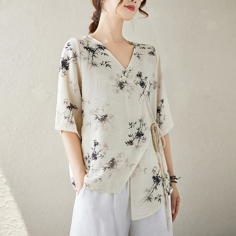 Buddha Stones竹葉プリントVネックレースアップフロッグボタンシャツTシャツ - image 8