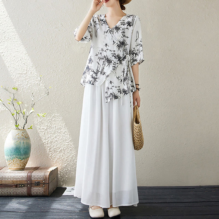 Buddha Stones竹葉プリントVネックレースアップフロッグボタンシャツTシャツ