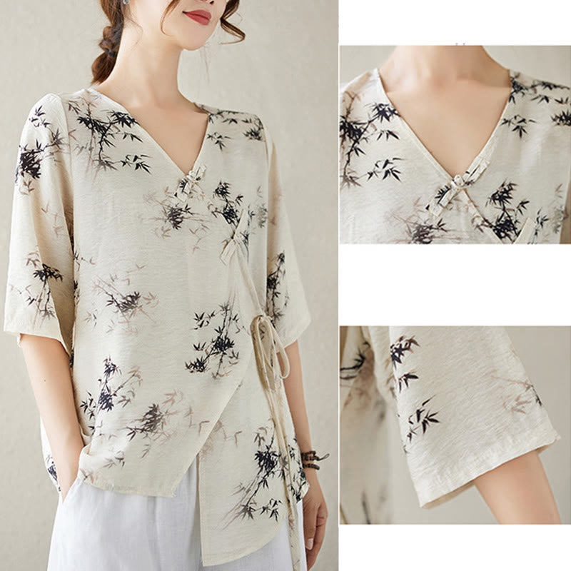 Buddha Stones竹葉プリントVネックレースアップフロッグボタンシャツTシャツ