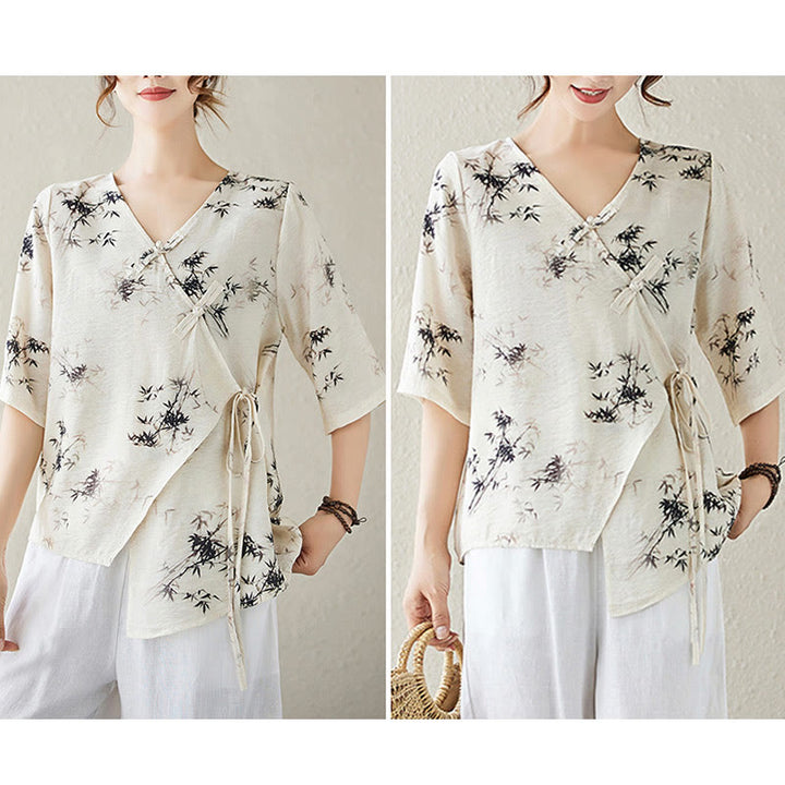 Buddha Stones竹葉プリントVネックレースアップフロッグボタンシャツTシャツ