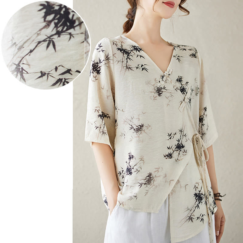 Buddha Stones竹葉プリントVネックレースアップフロッグボタンシャツTシャツ