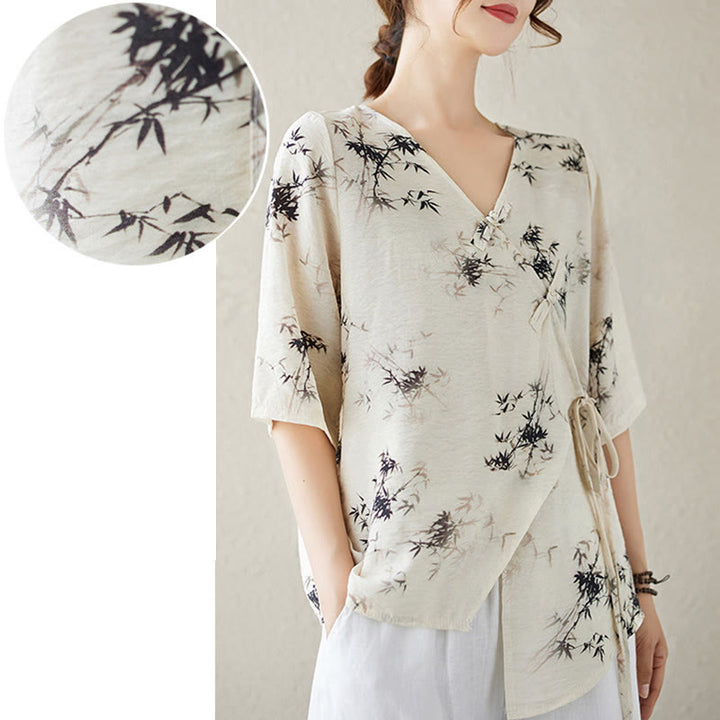Buddha Stones竹葉プリントVネックレースアップフロッグボタンシャツTシャツ