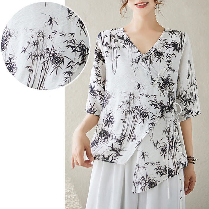 Buddha Stones竹葉プリントVネックレースアップフロッグボタンシャツTシャツ