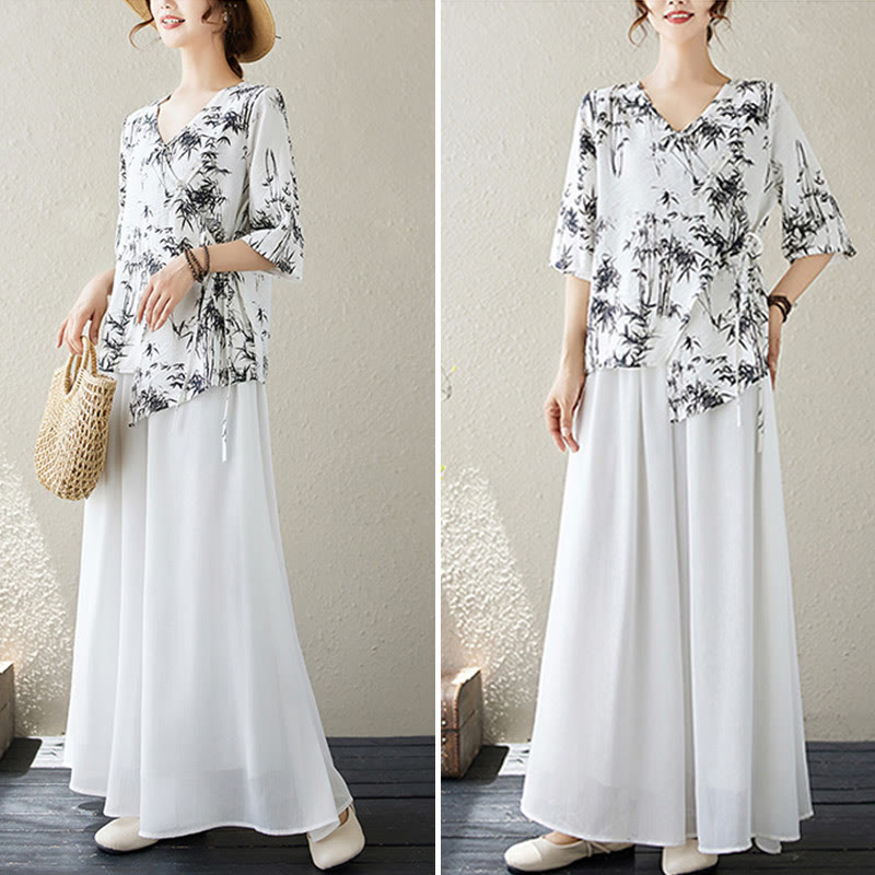 Buddha Stones竹葉プリントVネックレースアップフロッグボタンシャツTシャツ