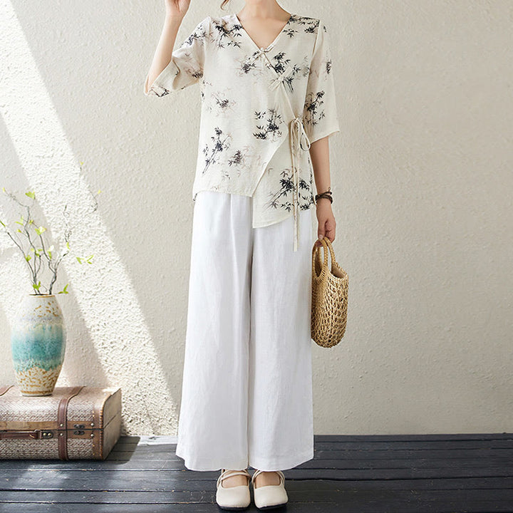 Buddha Stones竹葉プリントVネックレースアップフロッグボタンシャツTシャツ