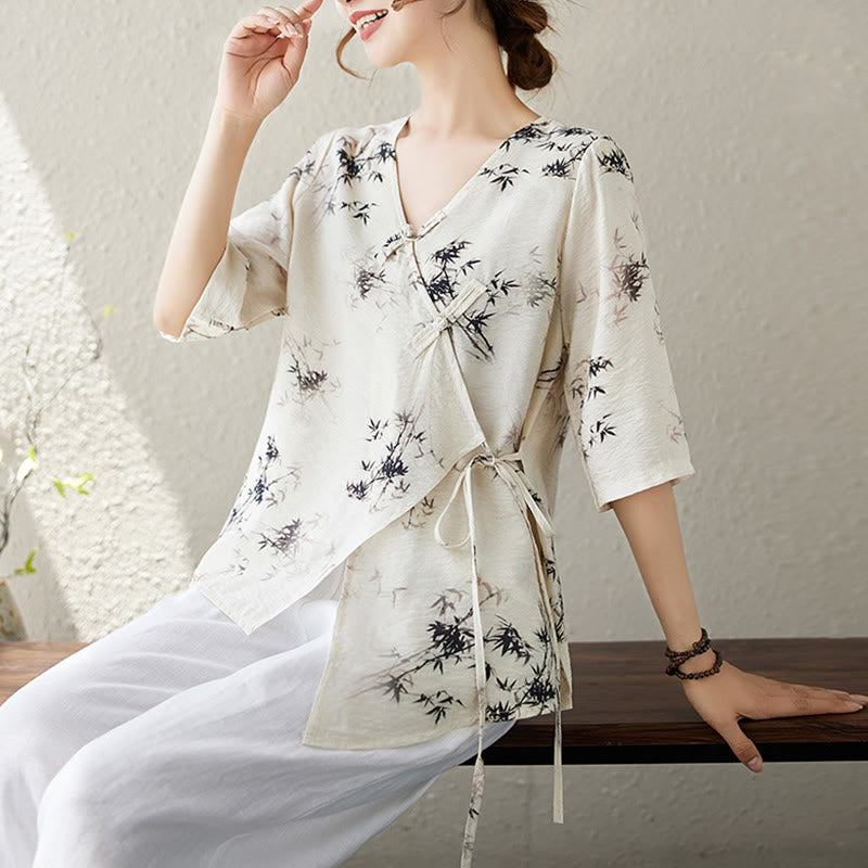 Buddha Stones竹葉プリントVネックレースアップフロッグボタンシャツTシャツ