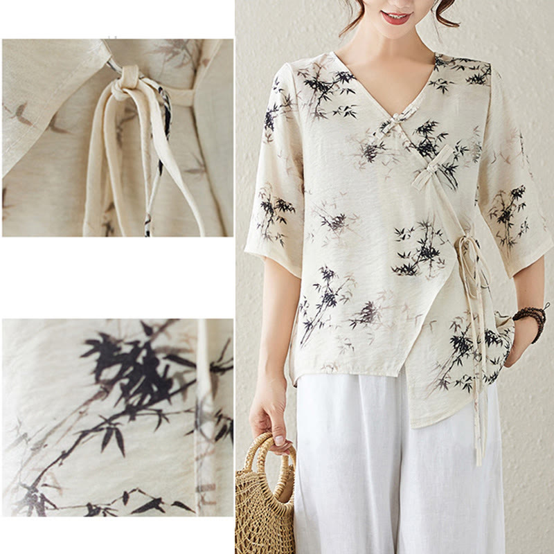 Buddha Stones竹葉プリントVネックレースアップフロッグボタンシャツTシャツ