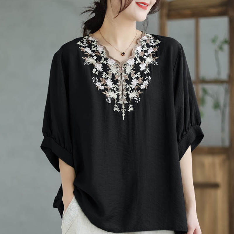 Buddha Stones小花刺繍 Vネック 半袖 コットンリネン Tシャツ - image 1